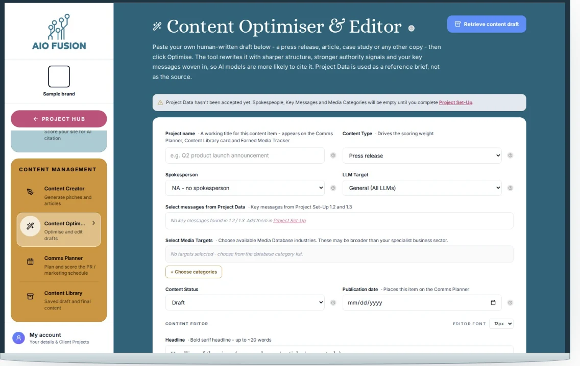 AIO Fusion Content Optimiser and Editor showing the content setup form